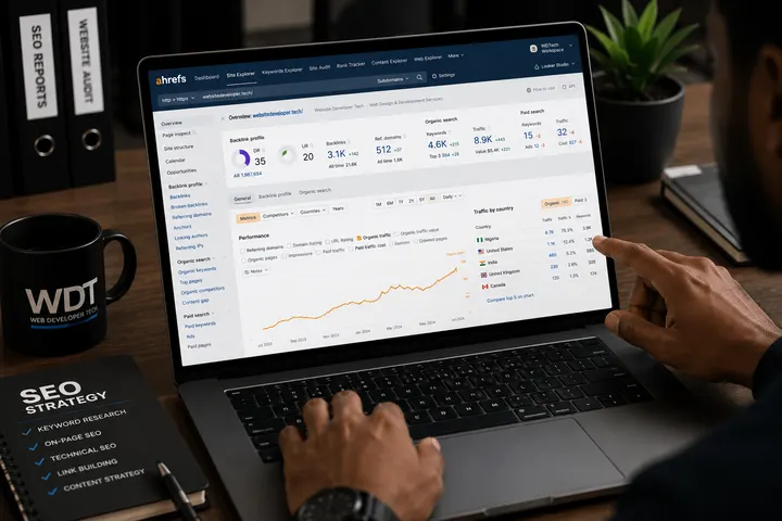Keyword research in Ahrefs on a laptop, beside a Website Developer Tech mug