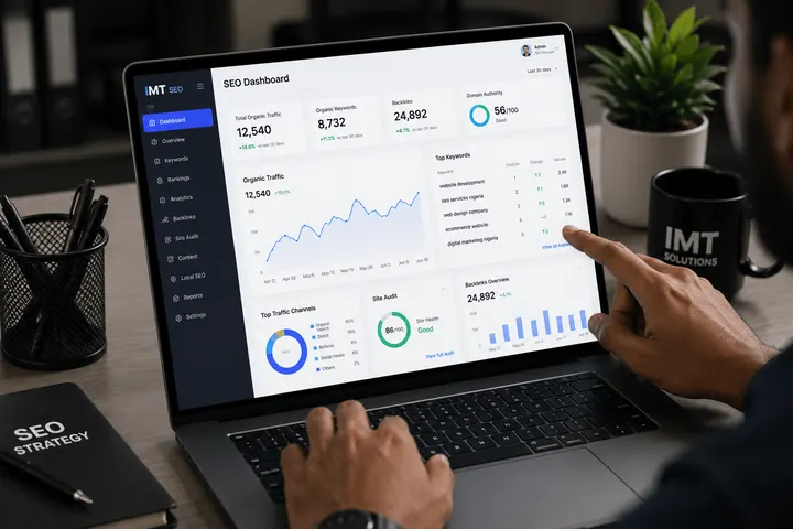 An SEO dashboard showing organic traffic and rankings on a laptop