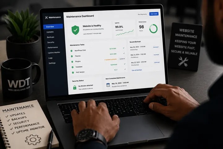 A website health and security monitoring dashboard on a laptop