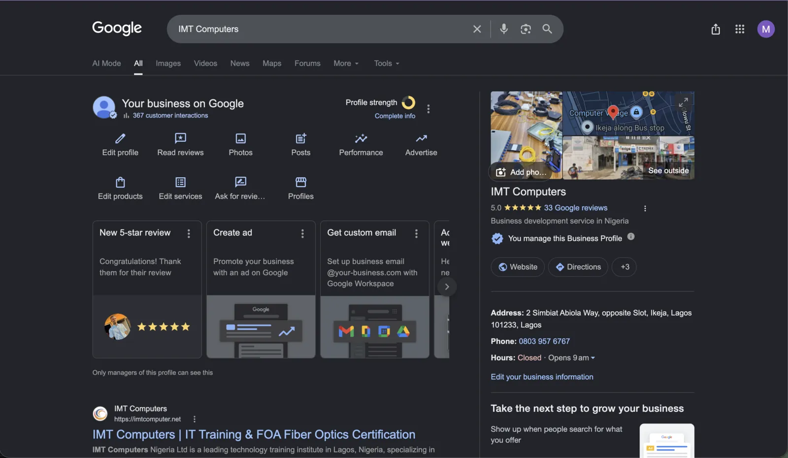 IMT Computers Google Business Profile: 5.0 stars from 33 Google reviews and 367 customer interactions