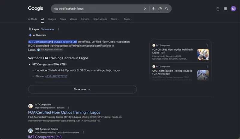 IMT Computers as the first Google result for FOA certification in Lagos