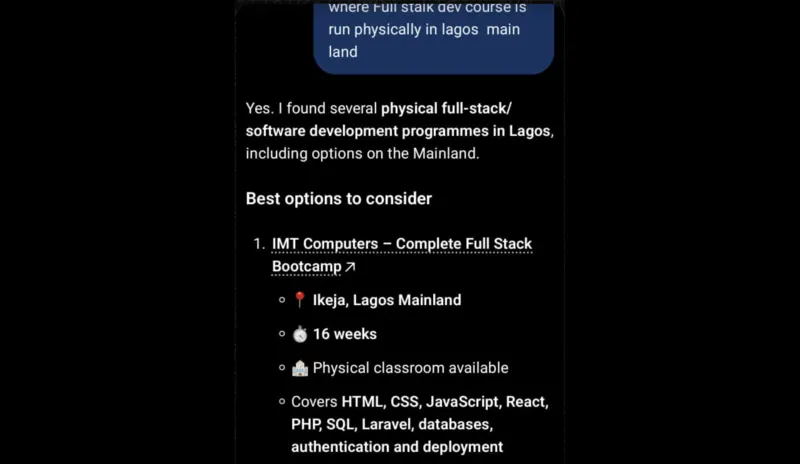 ChatGPT recommending IMT Computers for a full-stack course in Lagos
