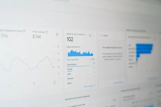 A website analytics dashboard showing users per minute and traffic charts