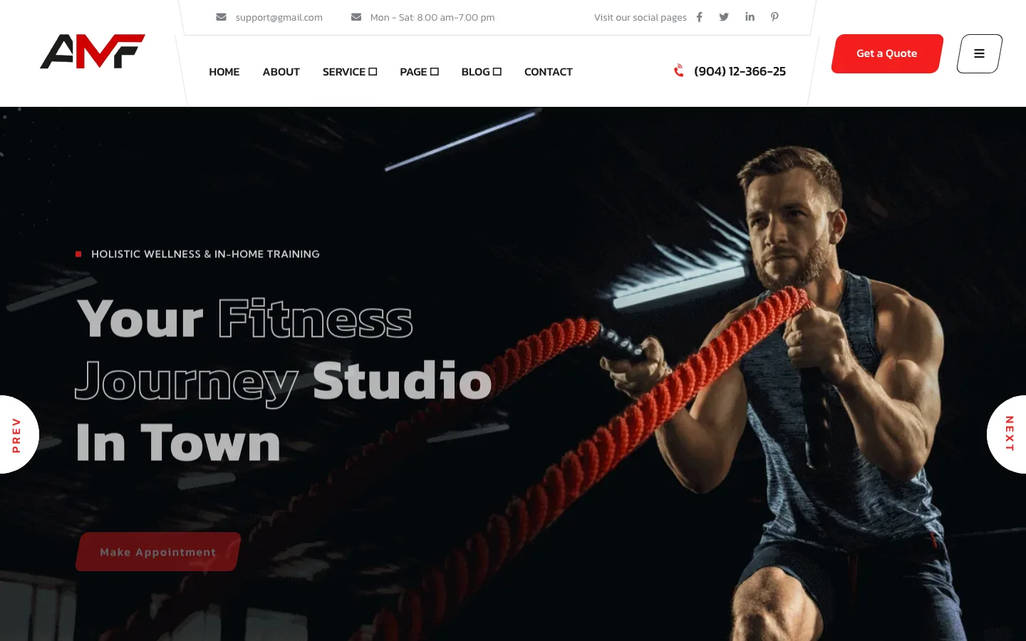 Homepage of the AMFitness website (fitness.websitedeveloper.tech)