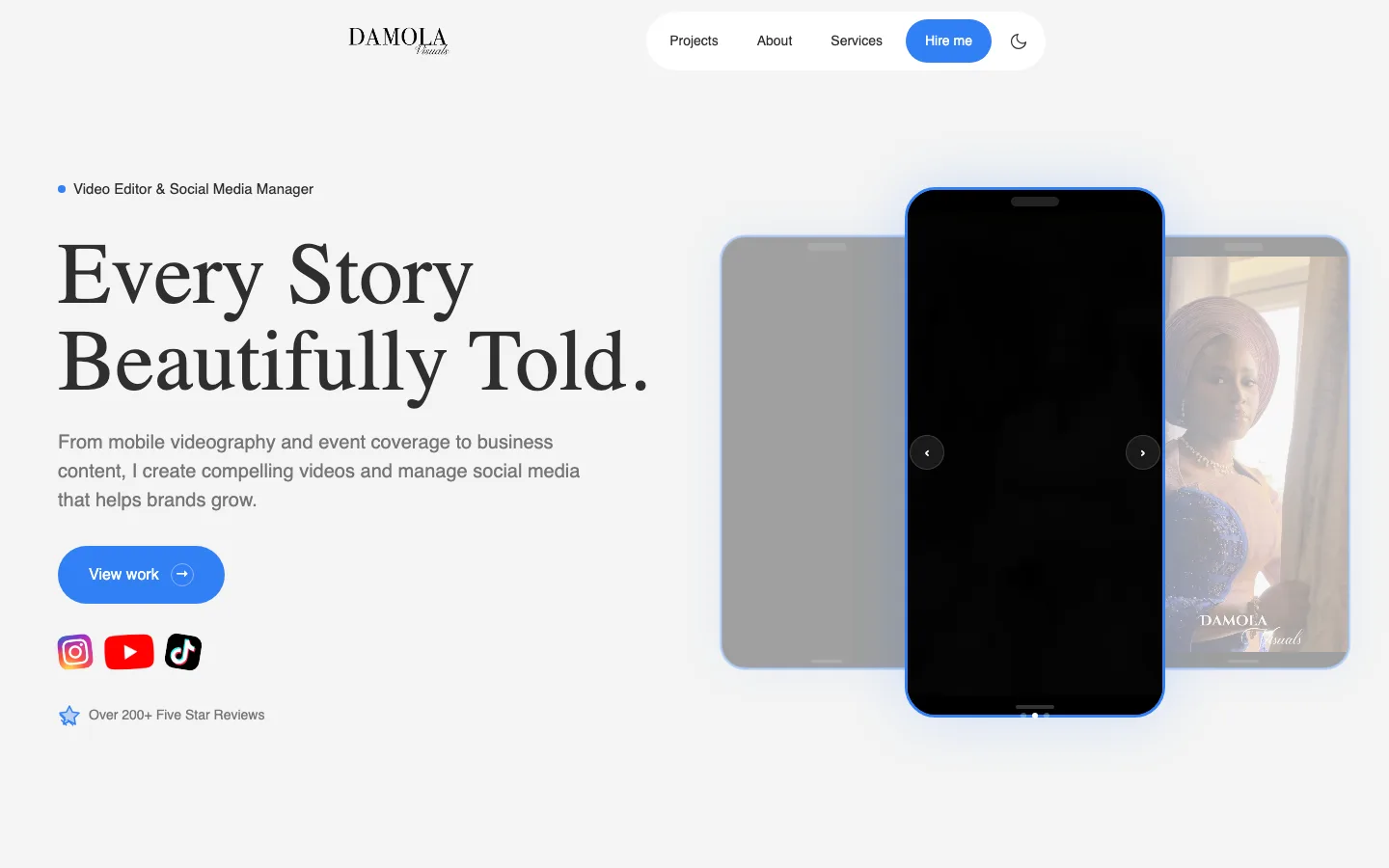 Damola Visuals website: Homepage & Video Showcase