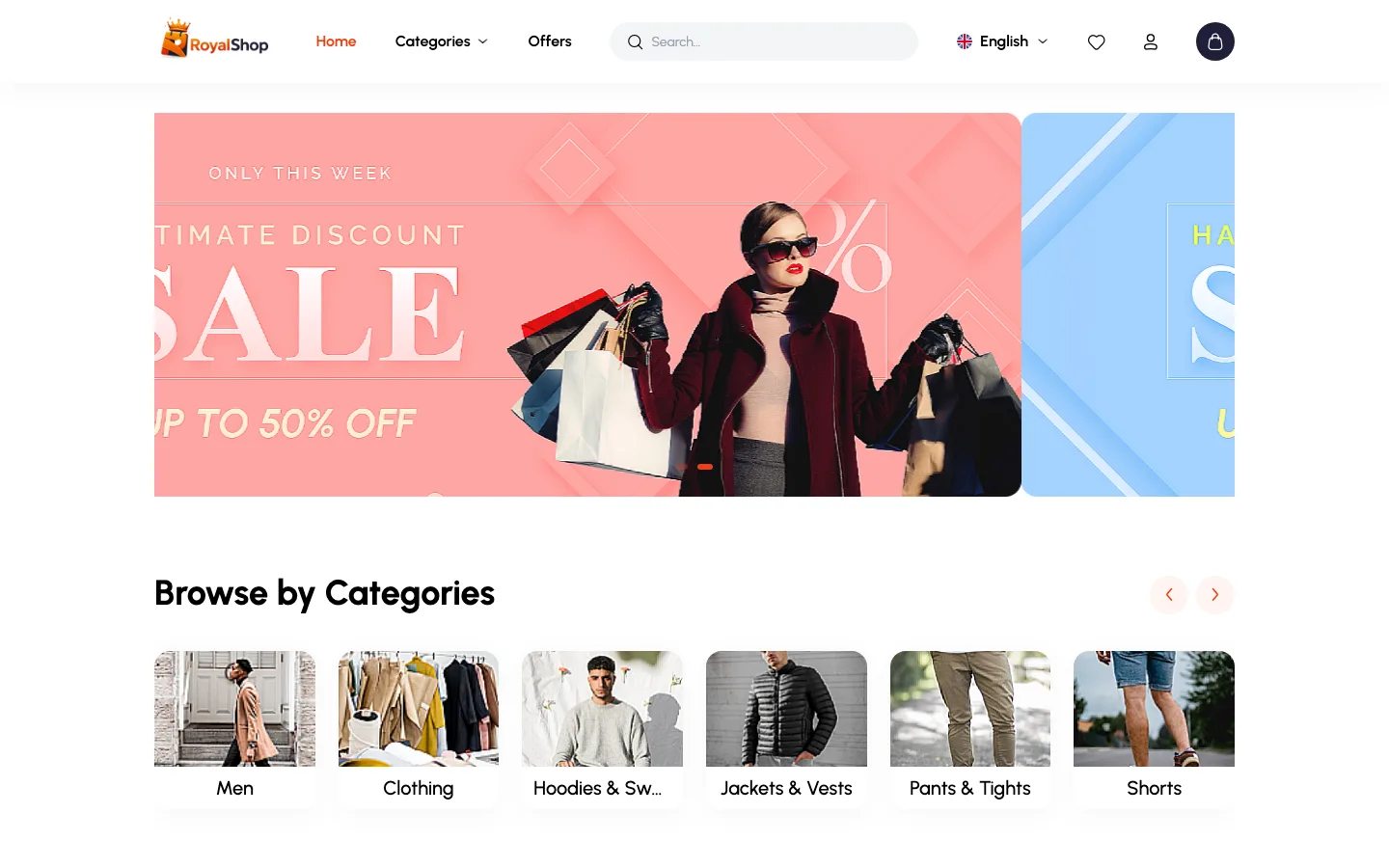 Homepage of the RoyalShop website (ecommerce.websitedeveloper.tech)